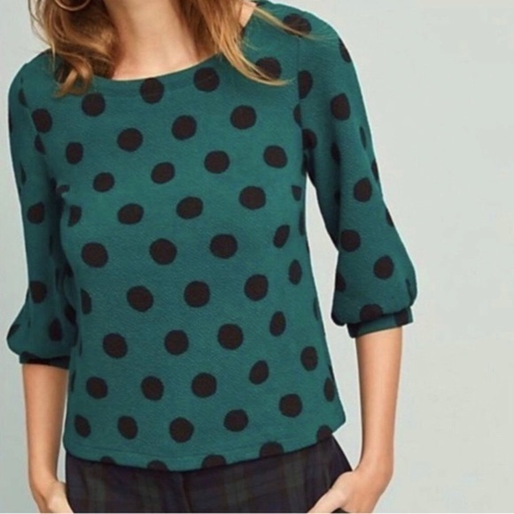 Maeve Anthropologie Green Black Polka Dot Pullover Top - Picture 1 of 10